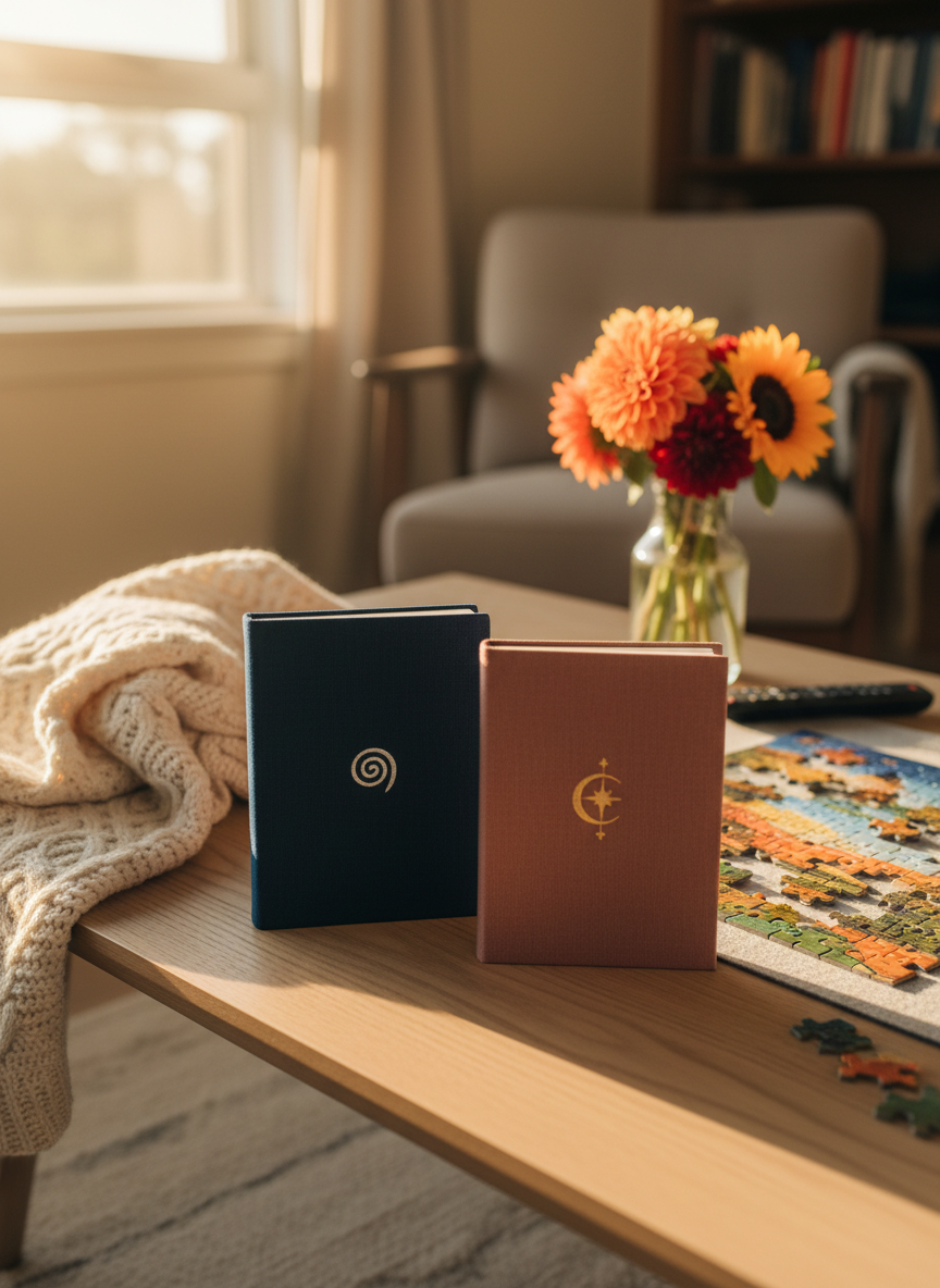 Two distinctive notebooks resting on a low, light-wood coffee table in a living room, one with a navy cloth cover and the other with a dusty-rose cover, each marked with a different small, abstract symbol on the front to hint at different authors. Around them lie scattered weekend objects: a folded blanket, a half-finished jigsaw puzzle, a remote control, and a small vase with seasonal flowers. Late afternoon golden hour light pours in from the side, creating warm highlights on the table’s grain and soft bokeh in the background. Photographic realism, eye-level composition using the rule of thirds, with the notebooks as the quiet focal point. The mood is playful and relaxed, suggesting an ongoing, private exchange of weekend stories without showing any people.