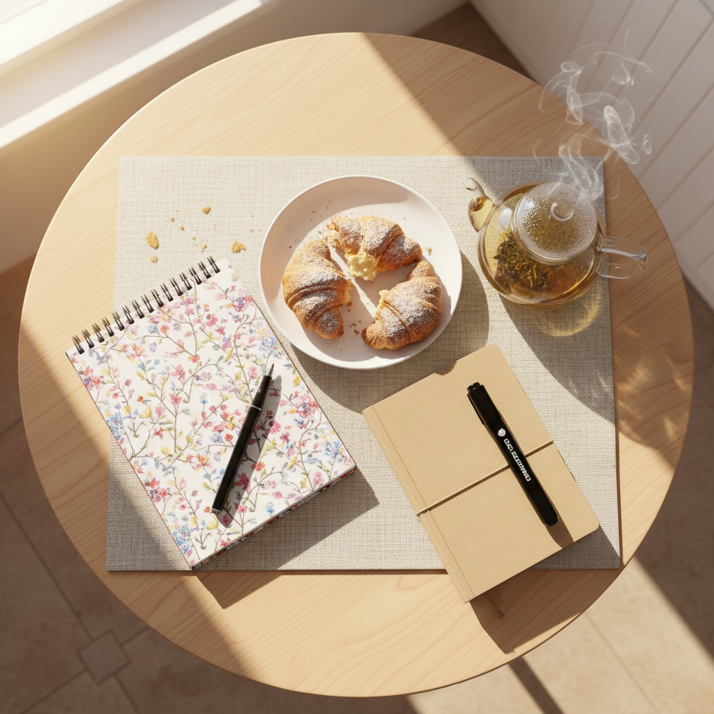 A small round kitchen table set for a relaxed weekend morning, featuring two distinct writing spots facing each other: at one place, a floral notebook with a fine-tip pen resting diagonally across it; at the opposite side, a minimalist kraft-paper journal beside a chunky marker. Between them sits a plate of half-eaten pastries and a clear glass pot of herbal tea with rising steam. Sunlight from a nearby window washes across the table, creating gentle reflections on the glass and soft shadows under the notebooks. Photographic realism, shot from directly above in a flat-lay style, with balanced composition and crisp detail across the frame. The scene feels playful and intimate, hinting at an ongoing exchange diary ritual shared over slow weekend breakfasts, with no human figures present.