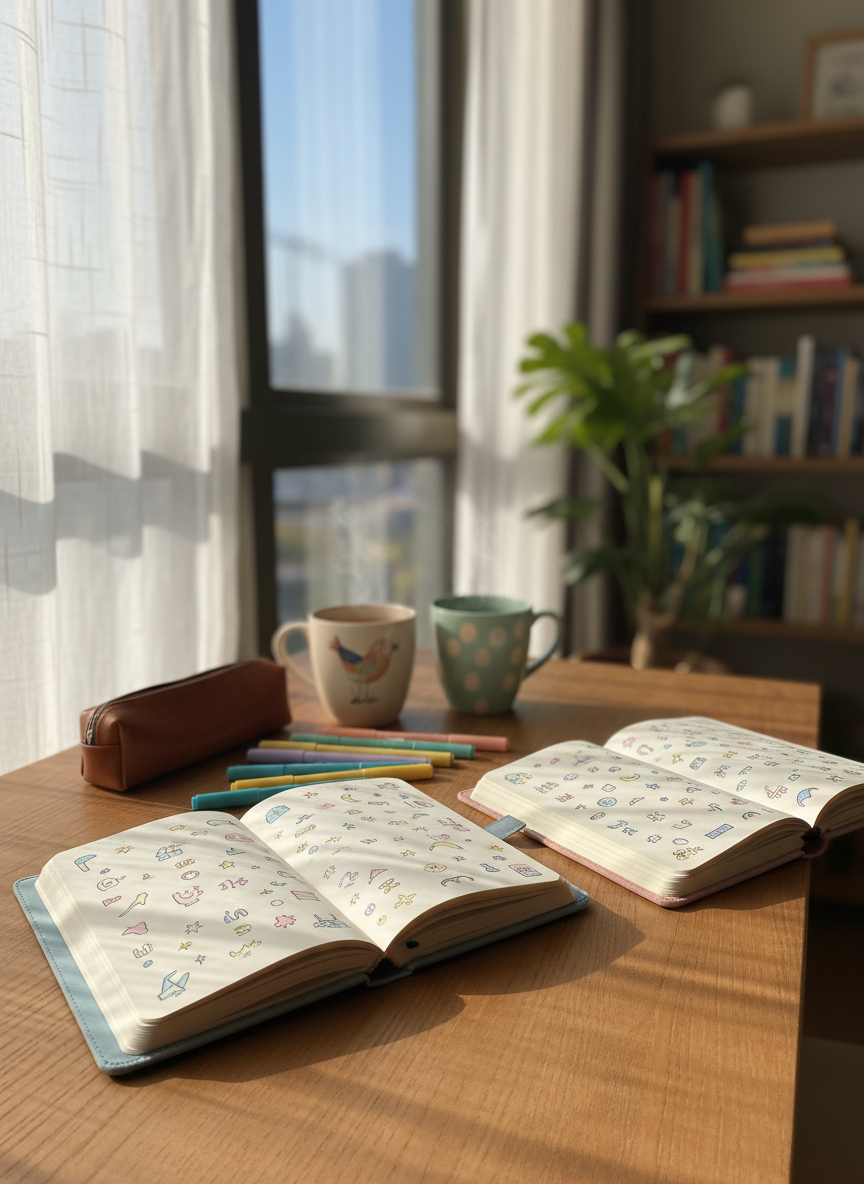 A cozy wooden desk set beside a large apartment window on a quiet weekend afternoon, covered with two open, fabric-bound diaries in different soft pastel colors, their pages filled with small, hand-drawn doodle-like shapes instead of readable text. A pair of mismatched ceramic mugs with faint steam sit nearby, next to colorful gel pens and a slightly worn leather pencil case. Soft, diffused natural light filters through sheer curtains, casting gentle shadows and a calming glow. Photographic realism, shot from a slightly elevated angle with shallow depth of field so the diaries are in crisp focus while the rest of the room—bookshelves, a potted plant, and a hint of a cityscape outside—is blurred, creating a playful yet intimate atmosphere of shared weekend reflections.